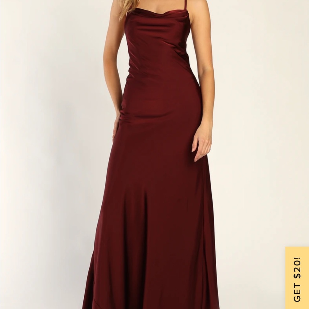 Lulus Wine Satin Cowl Neck Lace-Up Maxi Dress
